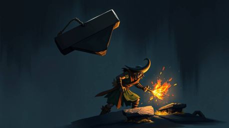 A digitally painted illustration depicting an anvil poised to fall on a mischievous trickster, illuminated by strong, hard li