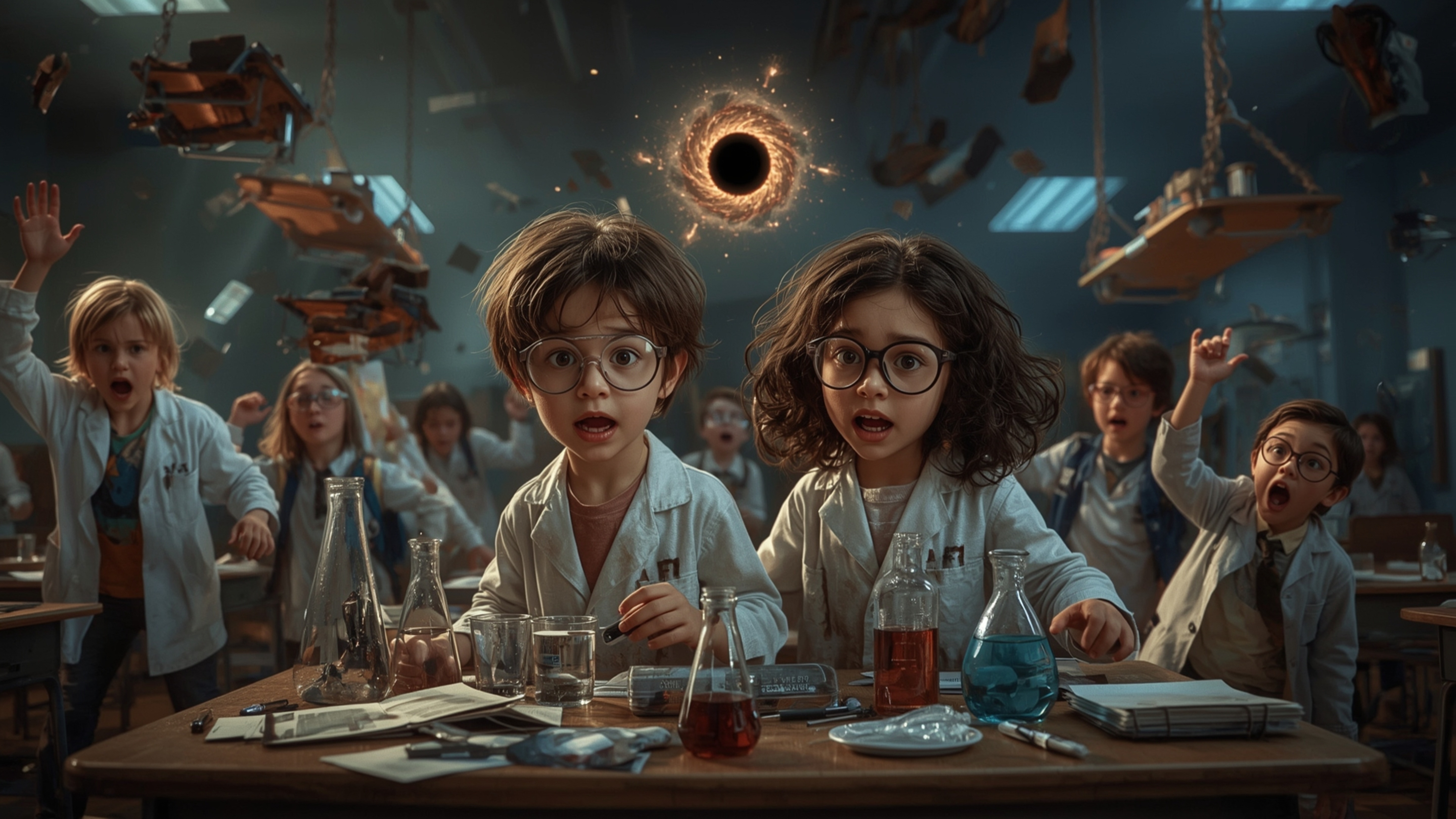 In a highly dramatic, cinematic, and humorous photograph resembling Pixar's style, a science fair duo—an excited boy with mis