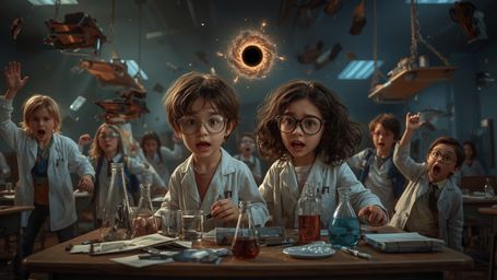 In a highly dramatic, cinematic, and humorous photograph resembling Pixar's style, a science fair duo—an excited boy with mis