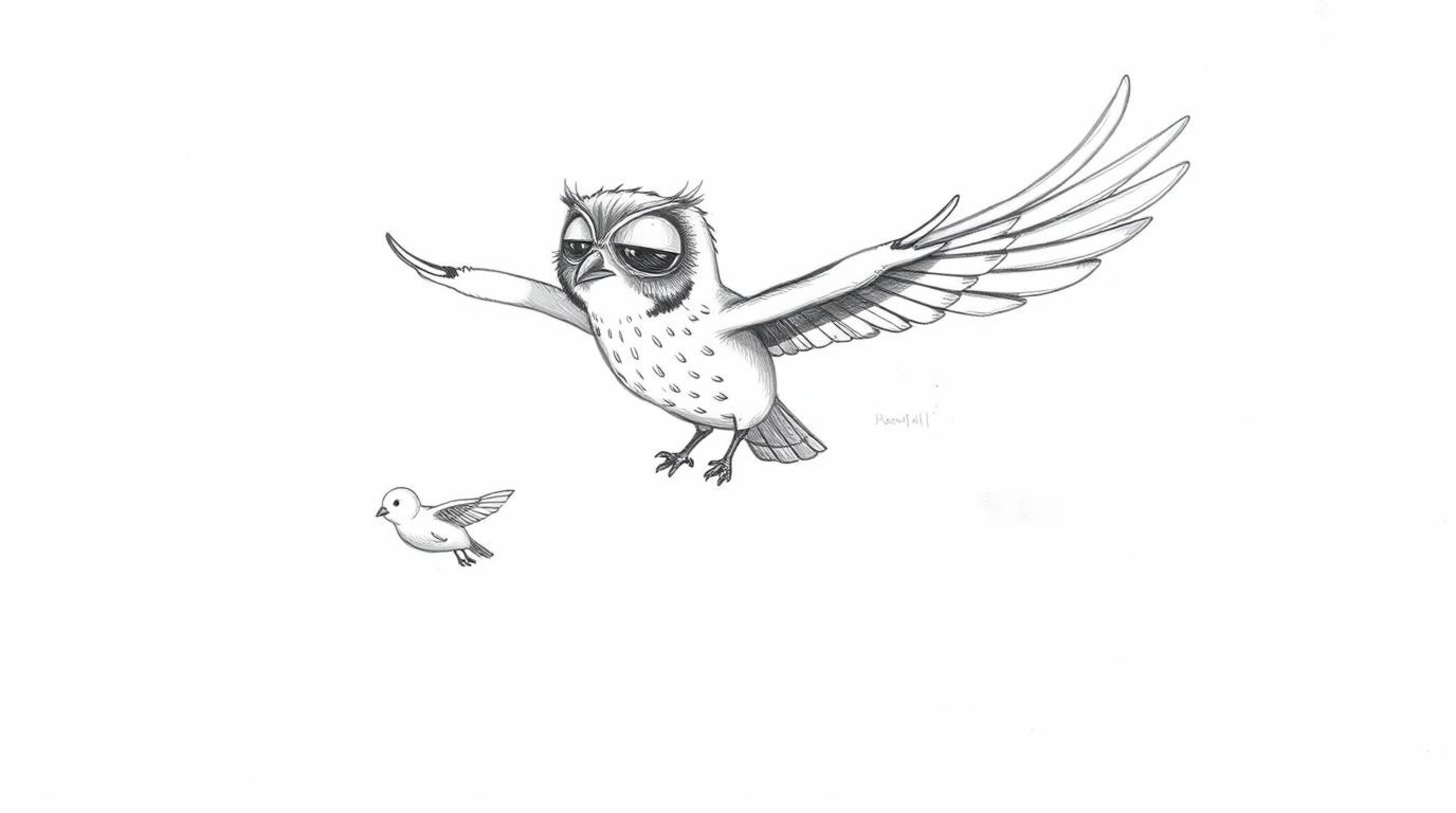 A charming hand-drawn sketch in the style of Pixar depicts a blind owl, its expressive closed eyes conveying wisdom and guida