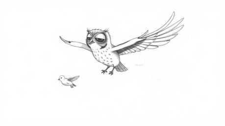 A charming hand-drawn sketch in the style of Pixar depicts a blind owl, its expressive closed eyes conveying wisdom and guida