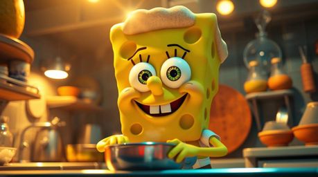 A cheerful sponge character with bright yellow eyes and a beaming smile, boasting tan skin, is captured in a photorealistic s