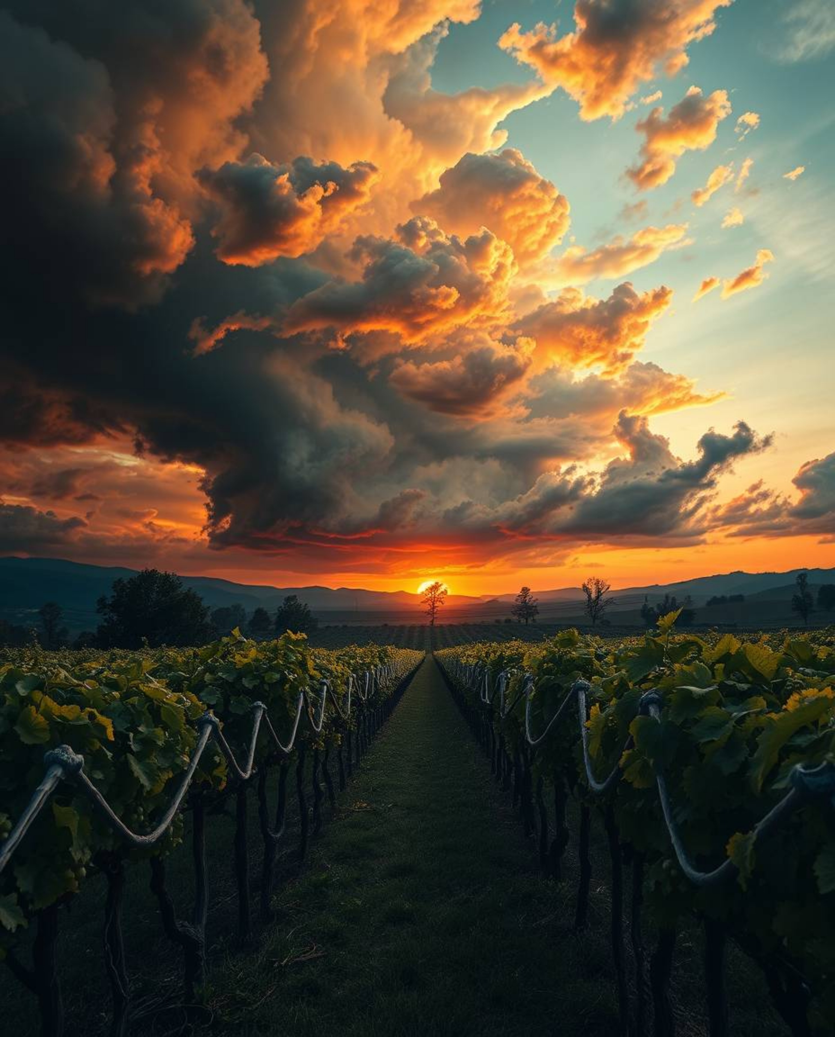 This artwork is a dreamlike and surreal depiction of a sunset over a vineyard, where reality is twisted by intense, dramatic