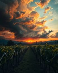 This artwork is a dreamlike and surreal depiction of a sunset over a vineyard, where reality is twisted by intense, dramatic 