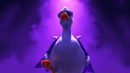 This vibrant digital painting showcases a duck donning a zany superhero costume, captured from a dramatic low angle perspecti
