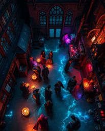 Discover a breathtaking overhead view of a magical school teeming with young wizards.  Bioluminescent colors create a vibrant