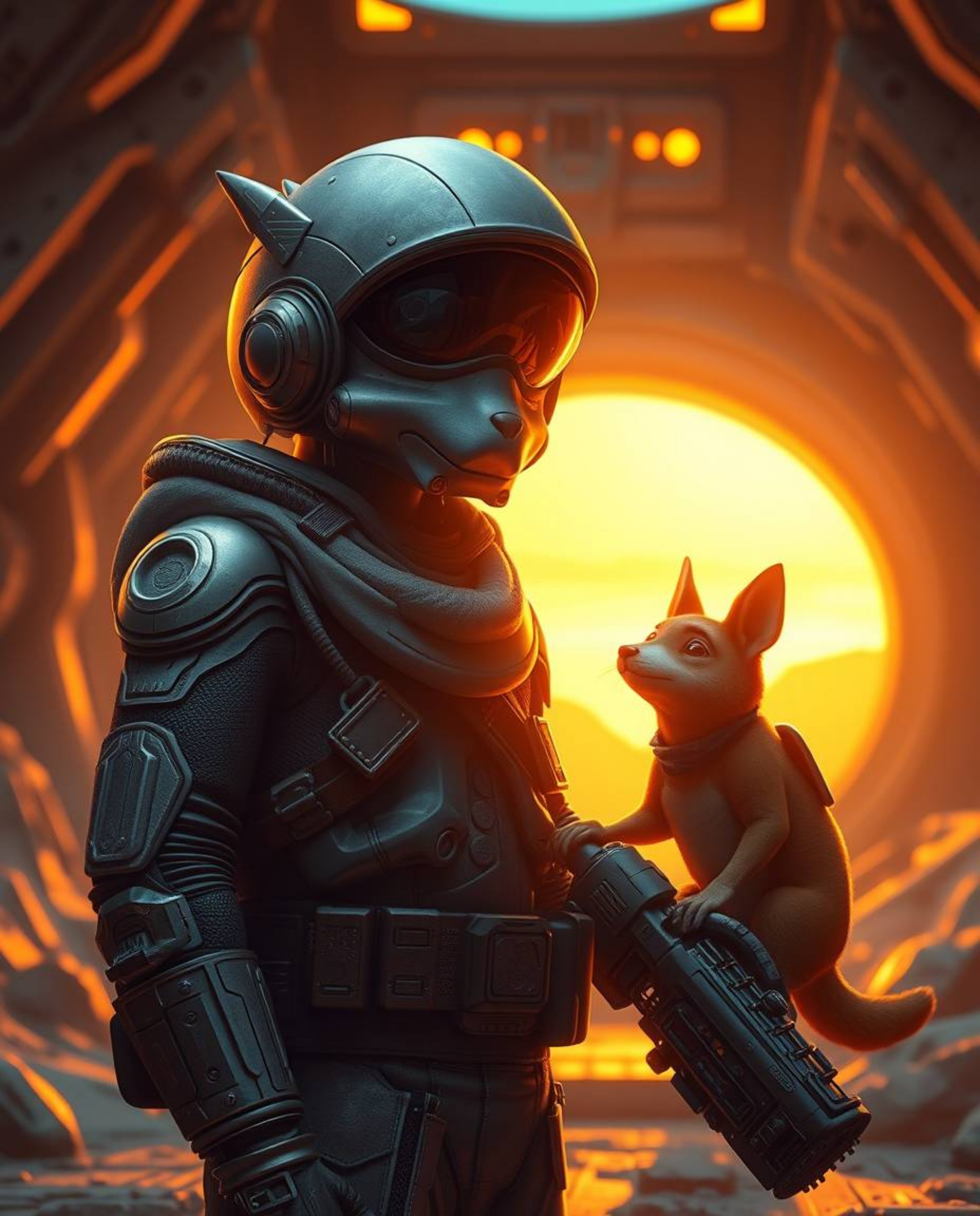 Embark on a captivating journey through a futuristic sci-fi world bathed in warm, golden hour light. A talking animal sidekic