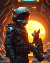 Embark on a captivating journey through a futuristic sci-fi world bathed in warm, golden hour light. A talking animal sidekic
