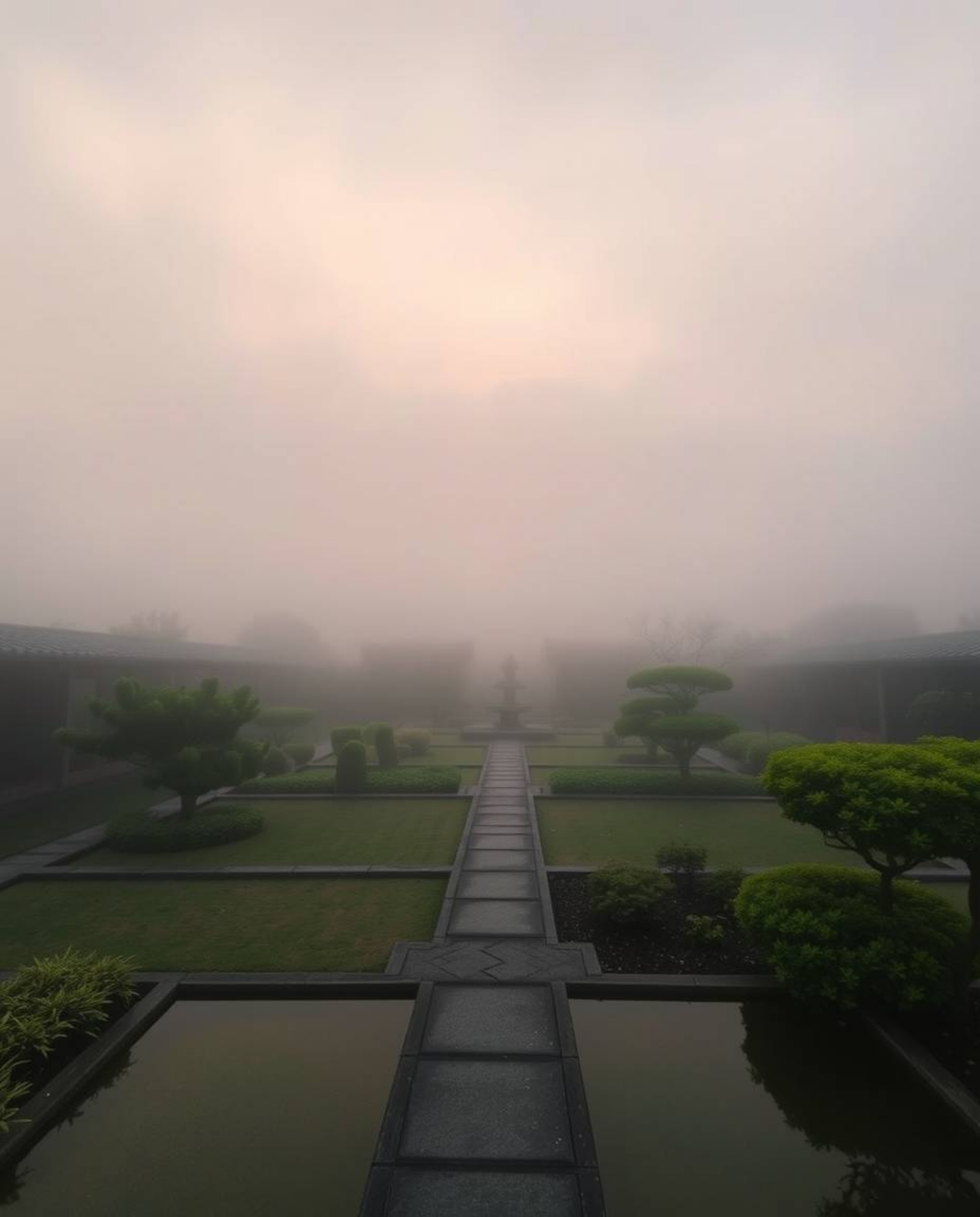 A distinct split view of a serene Zen garden at sunset, shrouded in thick fog, dividing the scene into bold sections with low