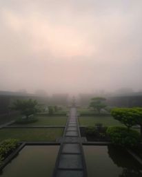 A distinct split view of a serene Zen garden at sunset, shrouded in thick fog, dividing the scene into bold sections with low