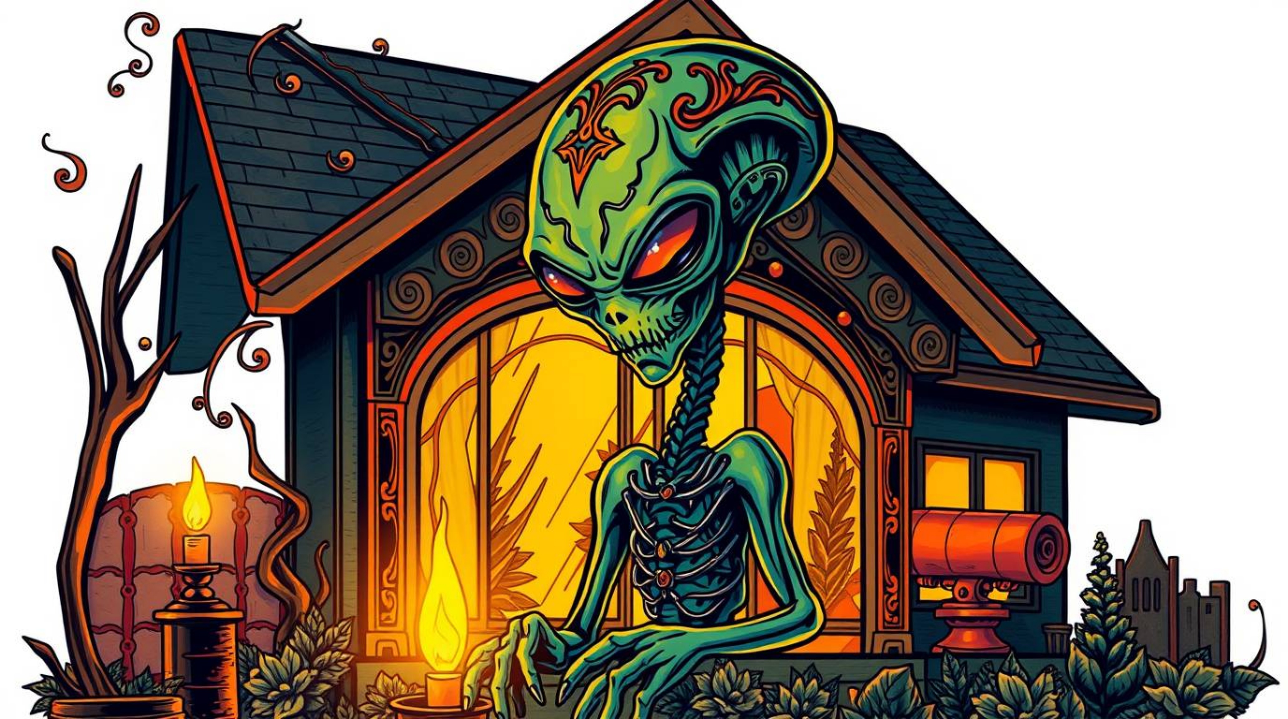 A vibrant retro-style tattoo art print depicts an alien inhabiting a quaint suburban house. Intricate ornamental details and 