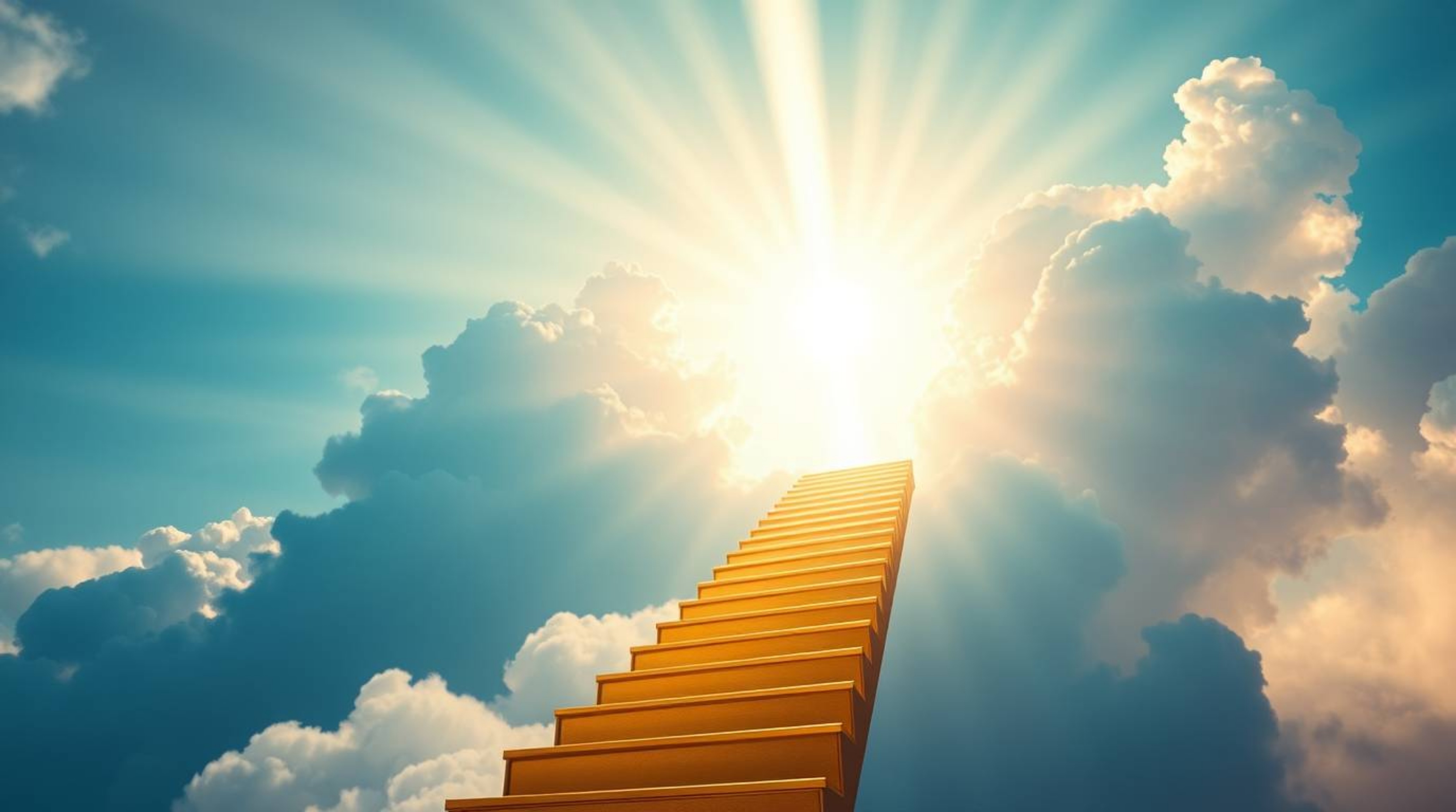A stunning vision of a golden staircase ascending through the clouds towards a radiant heaven, pierced by shafts of sunlight.