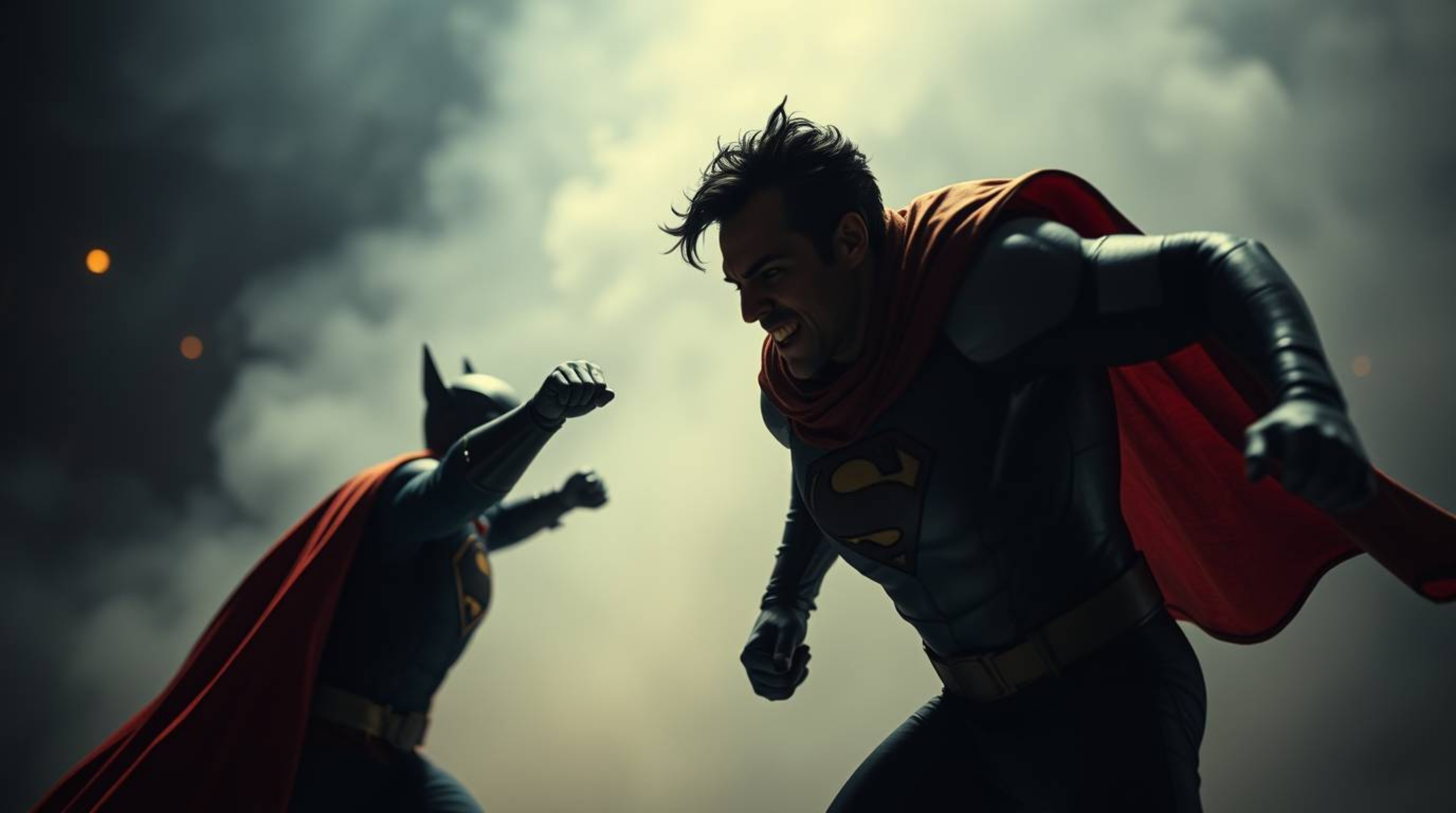 A dramatic cinematic scene featuring a superhero with a cape battling a comical villain.  The soft focus and hazy background 
