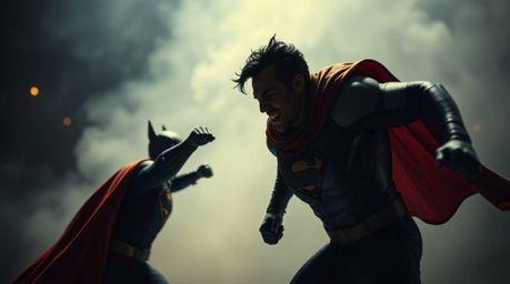 A dramatic cinematic scene featuring a superhero with a cape battling a comical villain. The soft focus and hazy background