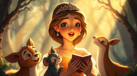 This captivating image showcases a princess with radiant features and warm skin tones, harmoniously singing with forest anima