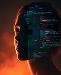 A captivating image depicts a human face digitally transforming into a flowing data stream.  Rendered with a soft cinematic h