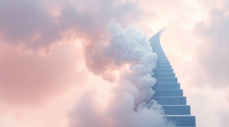 A captivating digital painting showcases a winding stairway composed of smoke and light, ascending into a vast, cloudy sky.  