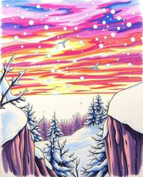 A hand-drawn sketch from a high-angle perspective captures the beauty of snowflakes falling during a vibrant sunset. Created 