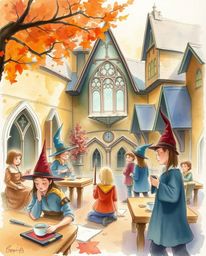 Immerse yourself in a delicate watercolor painting depicting a magical school brimming with young wizards. This artwork utili