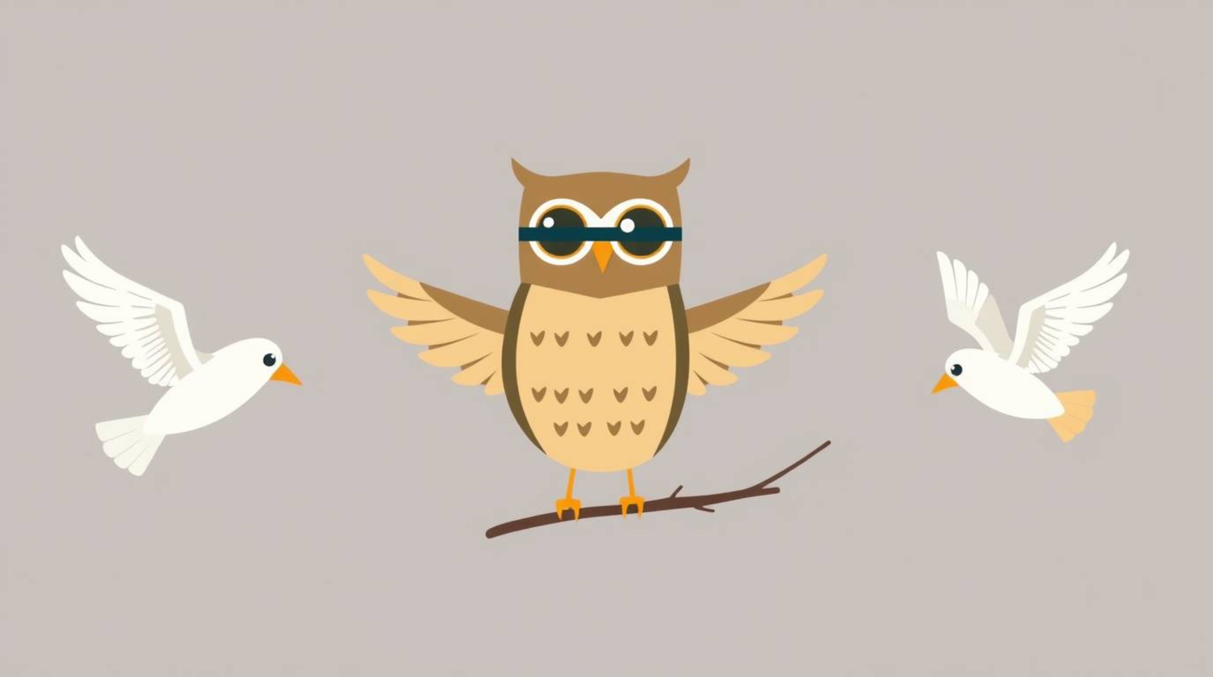 A modern, flat design illustration depicts a blind owl with simplified Pixar-like features, engaged in the heartwarming activ