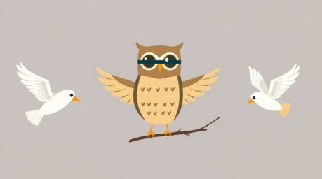 A modern, flat design illustration depicts a blind owl with simplified Pixar-like features, engaged in the heartwarming activ