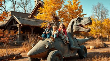 A captivating architectural color photograph depicts a prehistoric family enjoying a whimsical ride in a dinosaur-shaped car.
