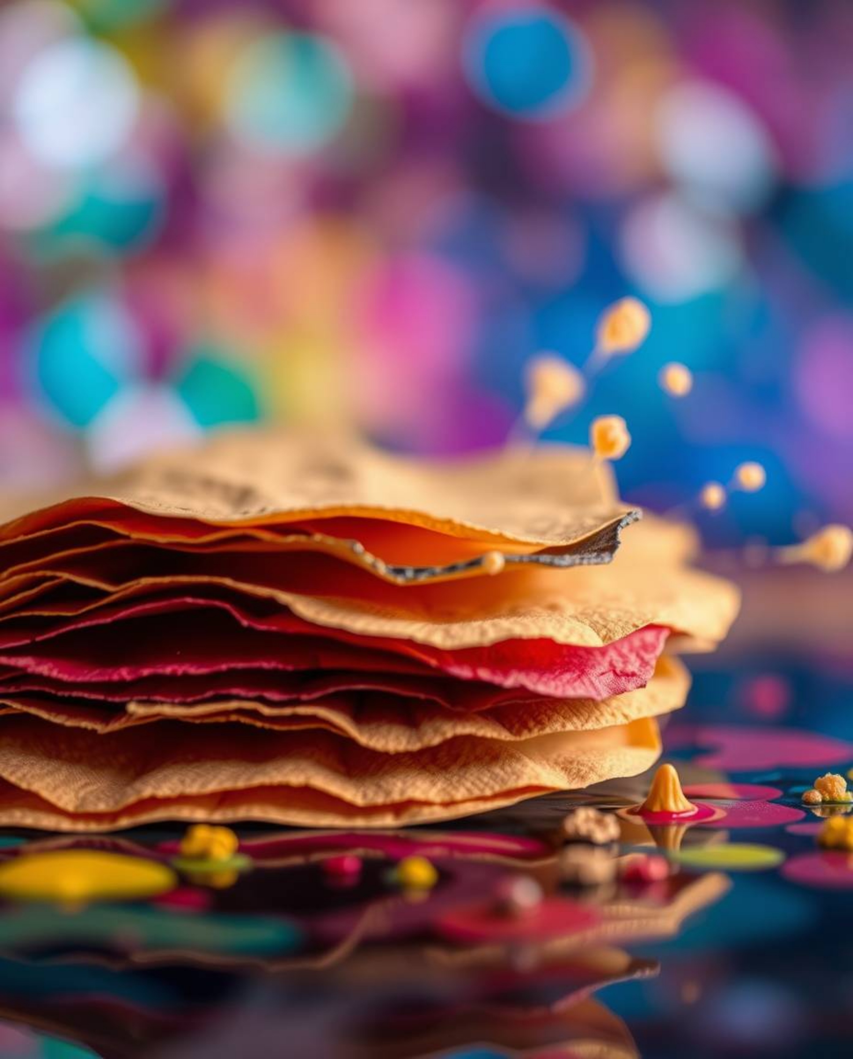Explore the mesmerizing world of layered papier-mâché art with a blurred bokeh effect and vibrant ink splashes in water. This
