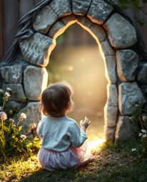 Witness a child's enchanting discovery of a magical portal nestled within their backyard. The scene is imbued with an etherea