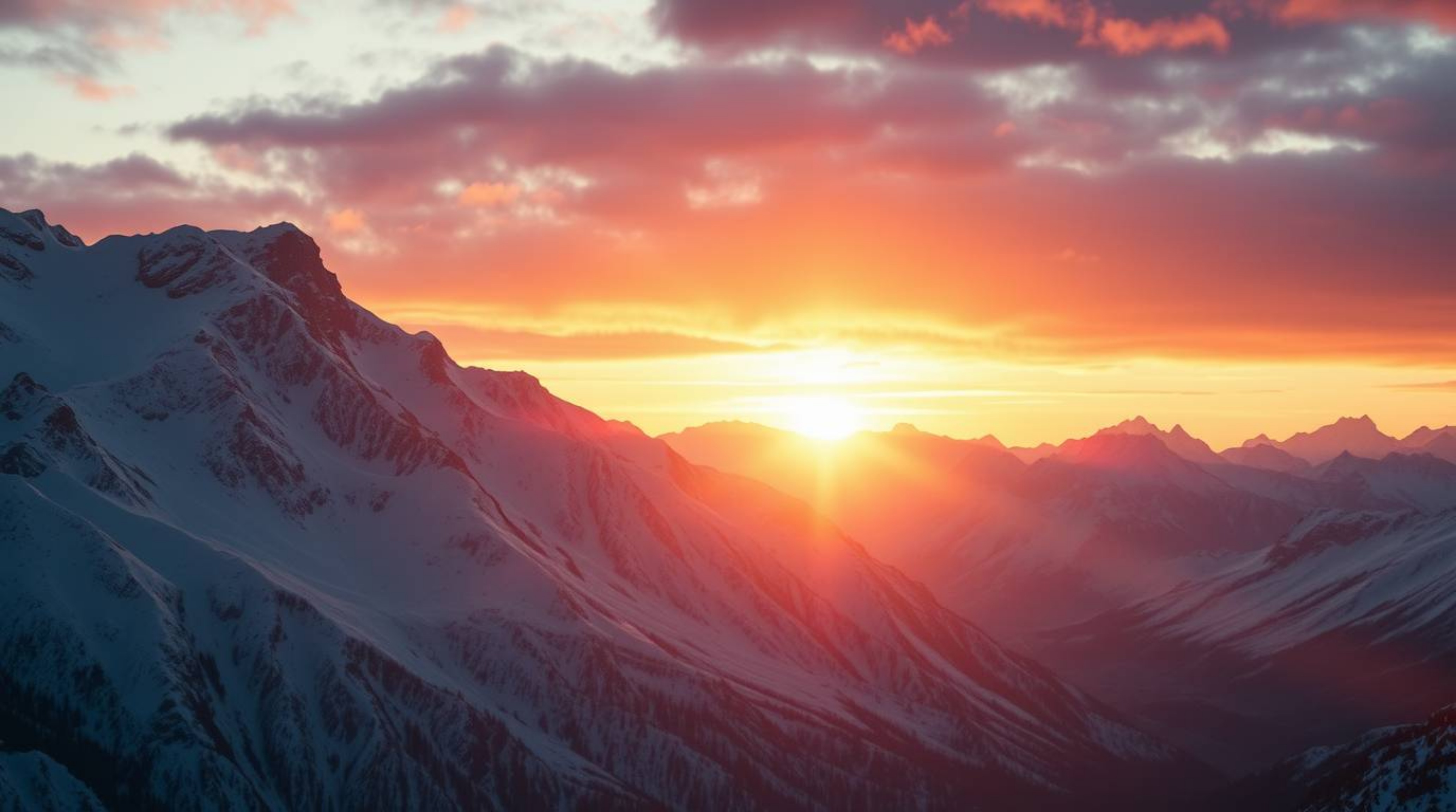 An epic scene depicting majestic snow-covered mountains glowing under a breathtaking pastel sunset.  The image features vibra