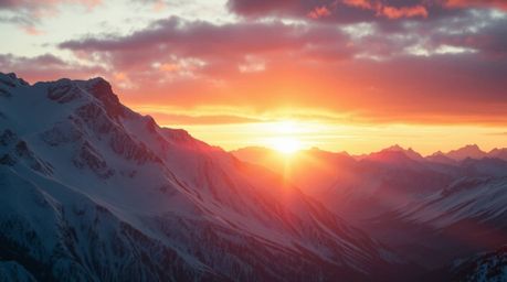 An epic scene depicting majestic snow-covered mountains glowing under a breathtaking pastel sunset.  The image features vibra