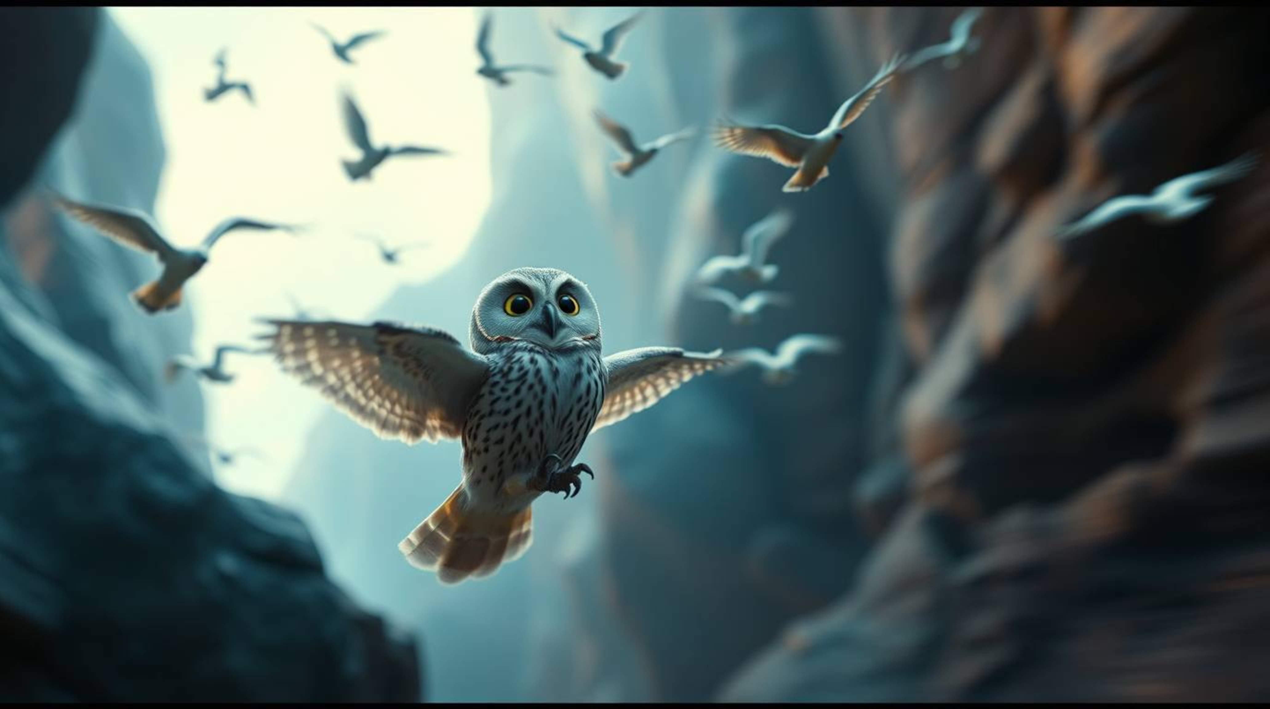 This cinematic, long exposure photograph captures a truly ethereal, spiritual, joyful, and mystical atmosphere. A blind owl, 