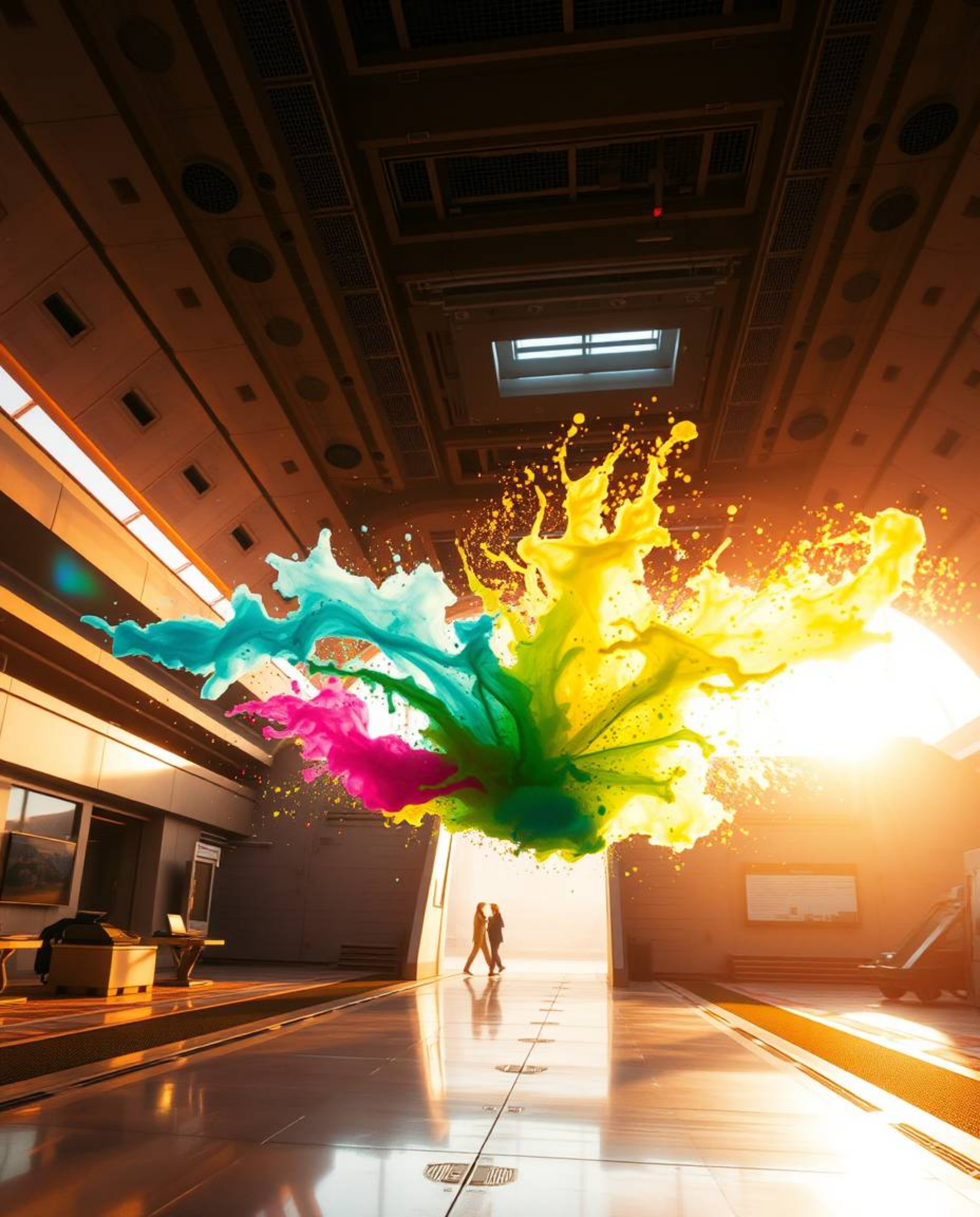 Experience an epic scene set in a modern, futuristic world, bathed in the warm, golden light of the setting sun.  Witness a v