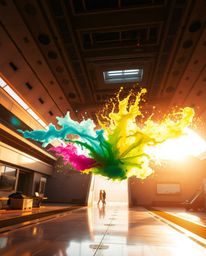 Experience an epic scene set in a modern, futuristic world, bathed in the warm, golden light of the setting sun.  Witness a v
