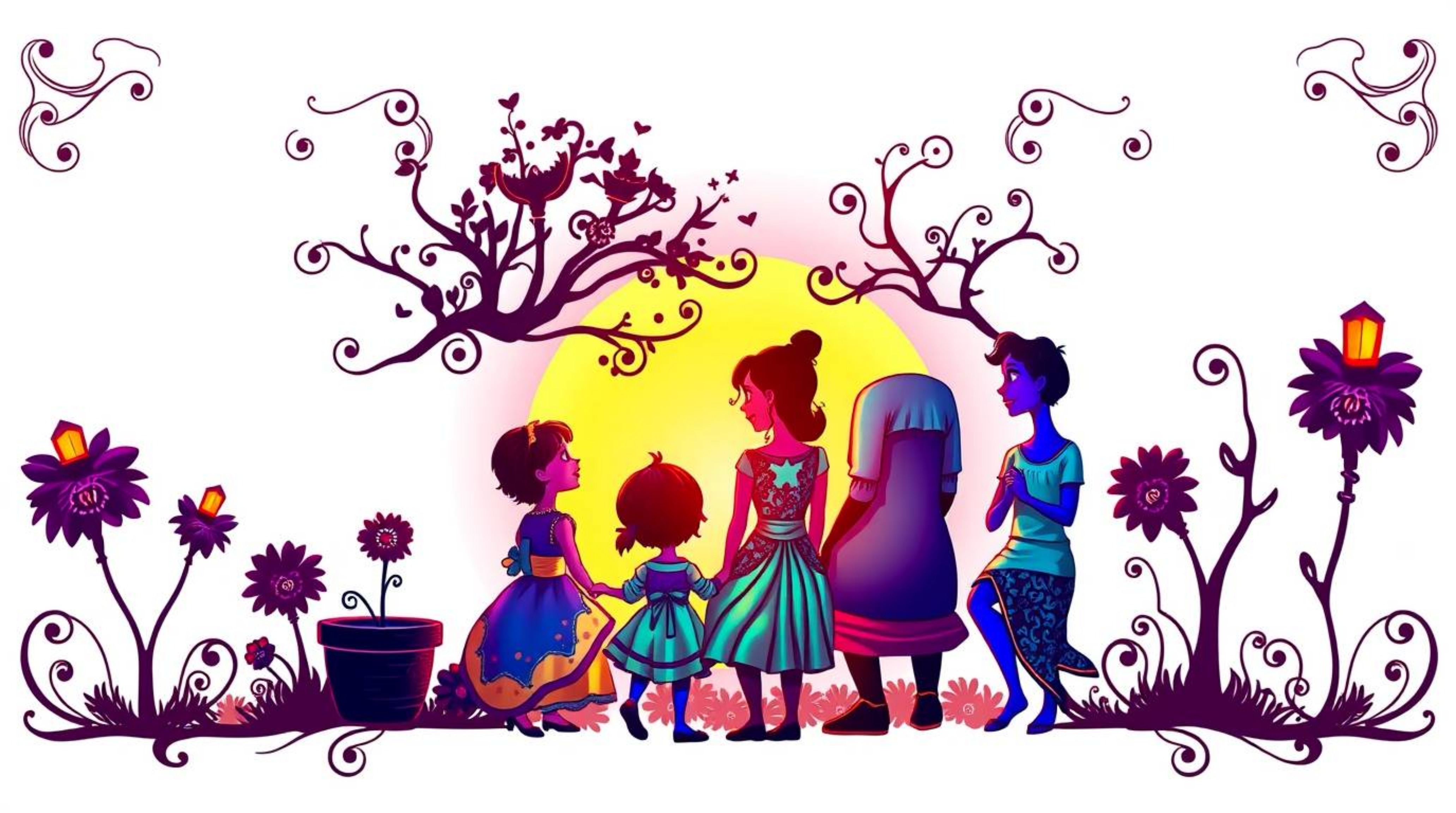Capture the warmth of family with this unique print depicting a Pixar-style family reunion in a traditional tattoo art aesthe