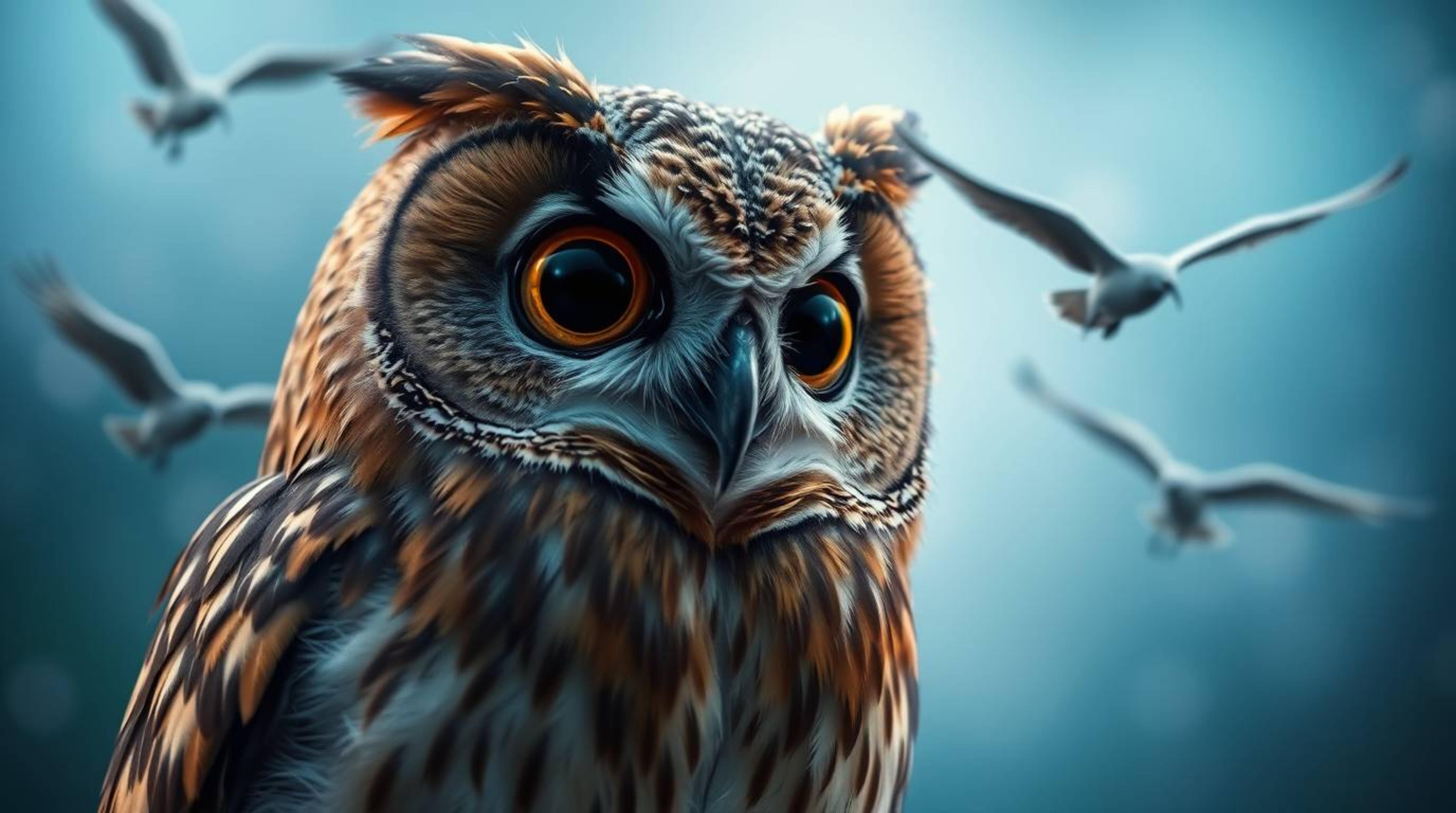 A cinematic long exposure image captures a blind owl, rendered in a Pixar style with large expressive eyes and brown feathers