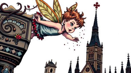This artwork features an eerie and creepy atmosphere showcased in a symbolic traditional tattoo art print. A young boy, imbue