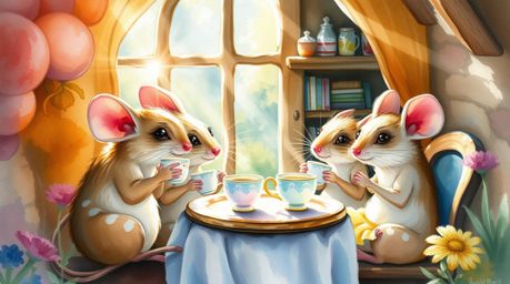 A whimsical watercolor painting depicts anthropomorphic mice enjoying a tea party in a cozy cottage.  The artwork features br