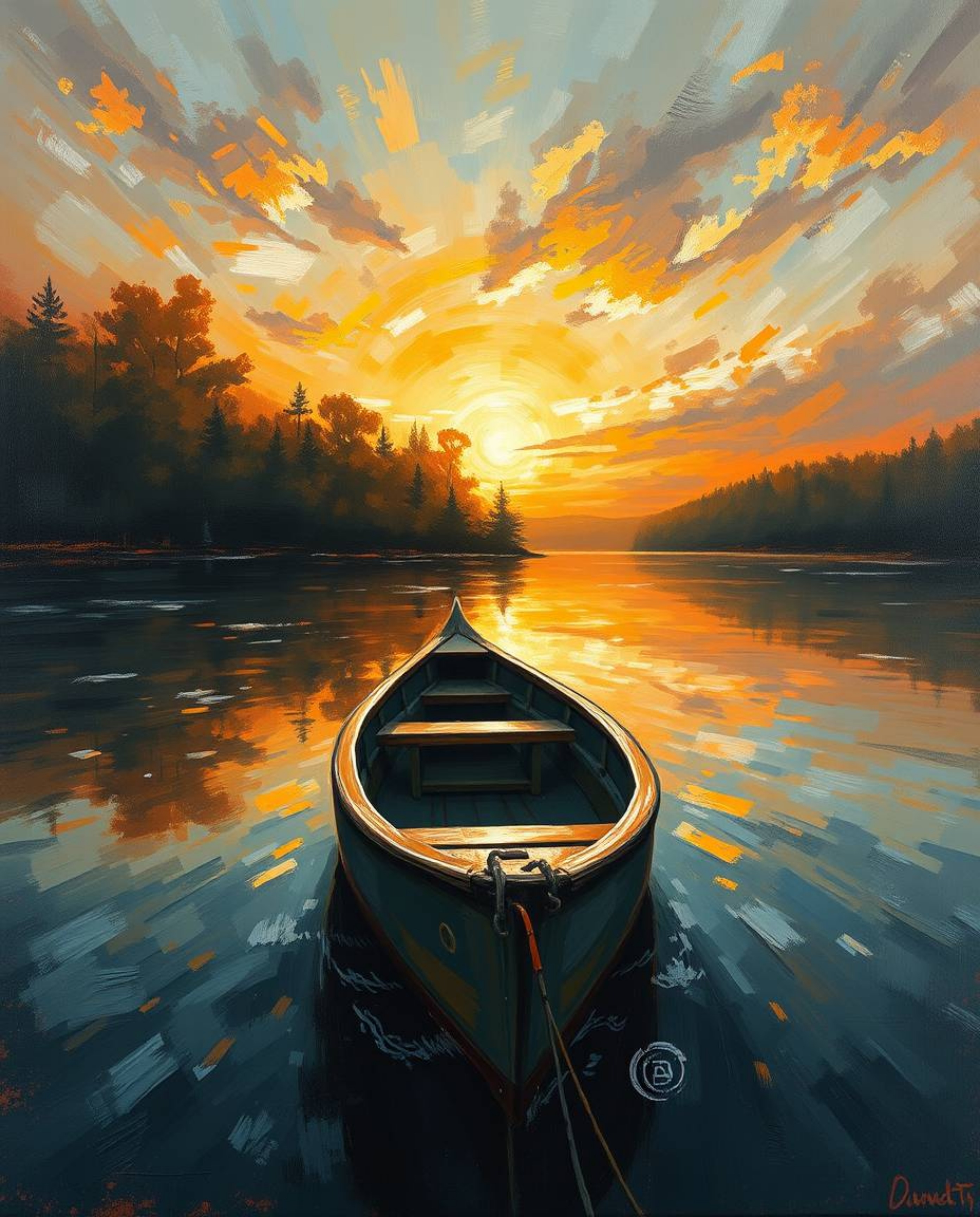 This is a classic oil painting of a boat drifting on a lake at sunset. The artwork is characterized by its warm autumn colors
