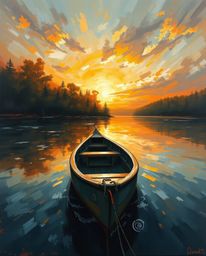 This is a classic oil painting of a boat drifting on a lake at sunset. The artwork is characterized by its warm autumn colors