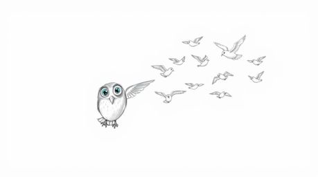 This captivating image depicts a blind owl, rendered in a charming Pixar-like style, guiding a flock of birds in perfectly sy