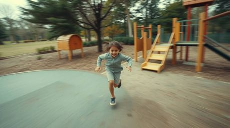 A captivating high-angle slow-motion shot of a run through a playground, showcasing natural earth tones and muted colors.  Th