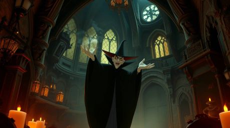 A classic Disney villain conjures a spell within the eerie walls of an old, gothic castle. The scene is bathed in warm autum