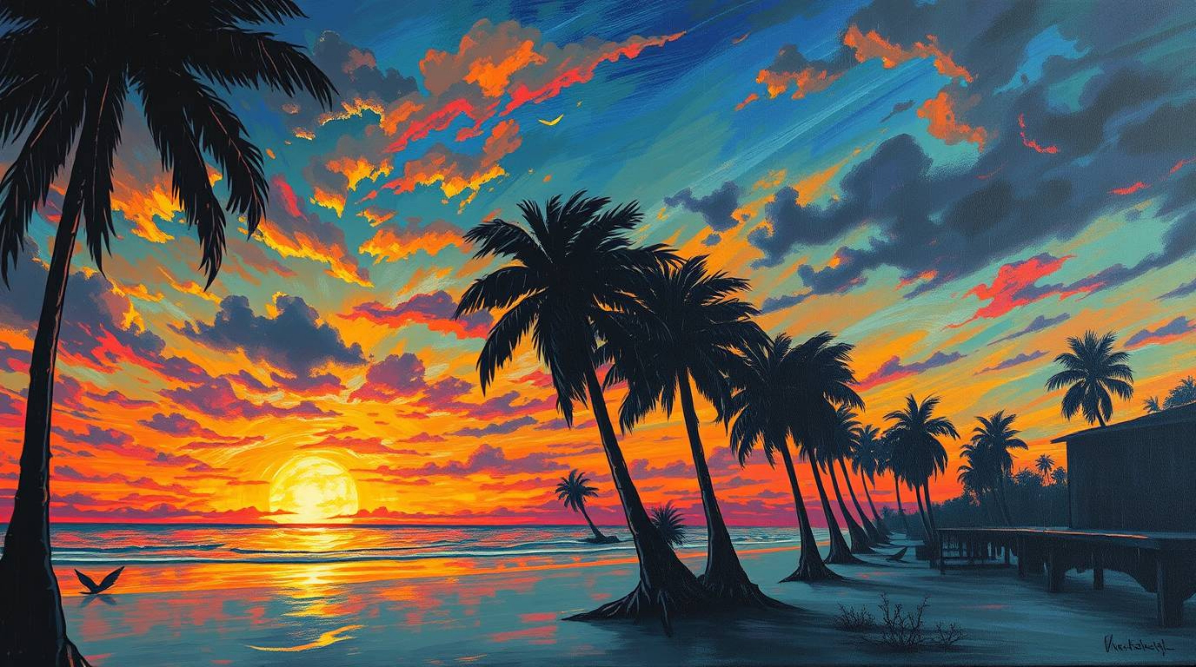 This captivating acrylic painting blends the allure of a tropical sunset with an unsettling, eerie atmosphere. The scene depi