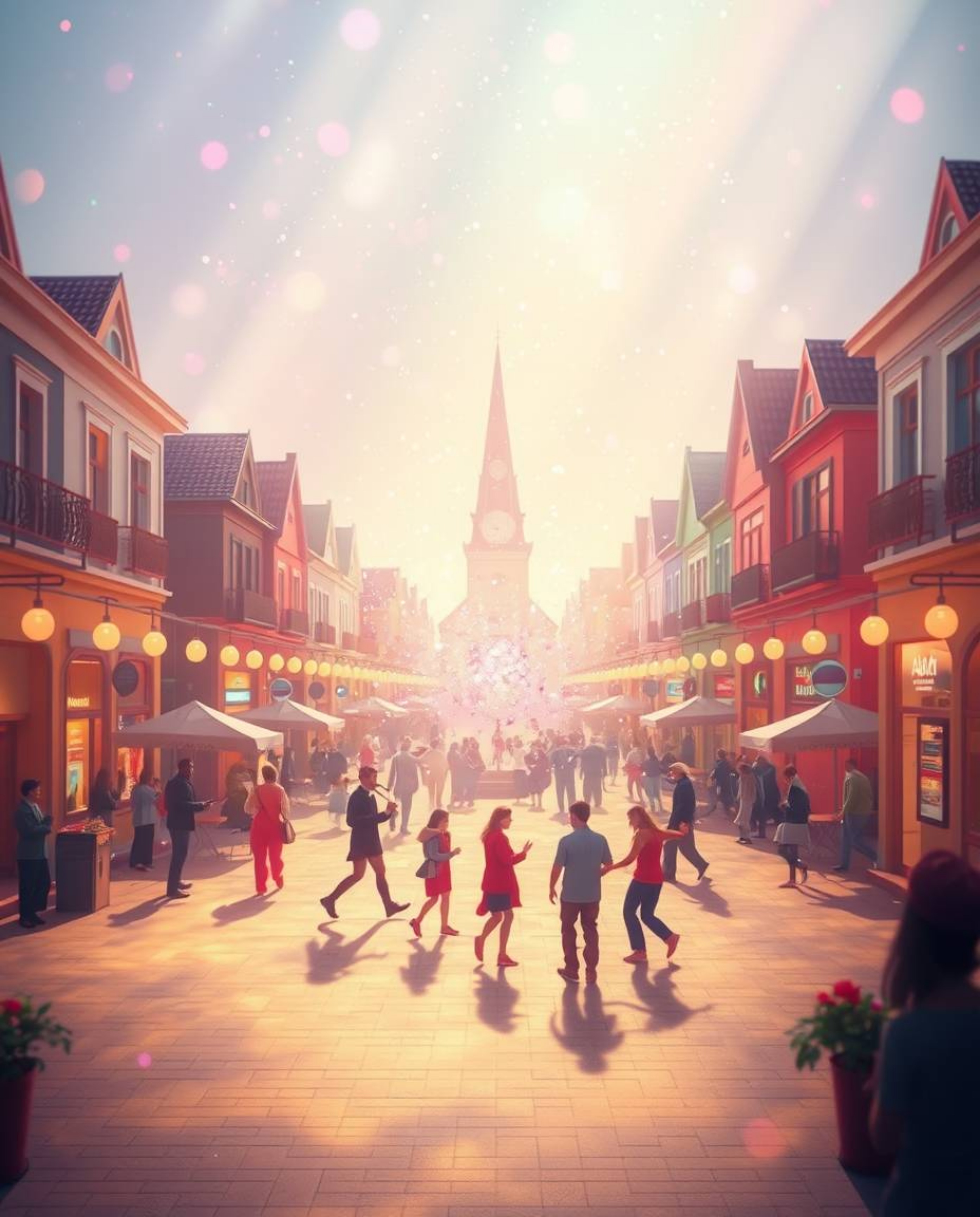 Experience a vibrant musical number set in a bright town square, infused with a creative ethereal and spiritual vibe. The sce