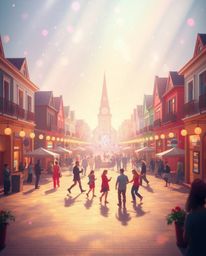 Experience a vibrant musical number set in a bright town square, infused with a creative ethereal and spiritual vibe. The sce