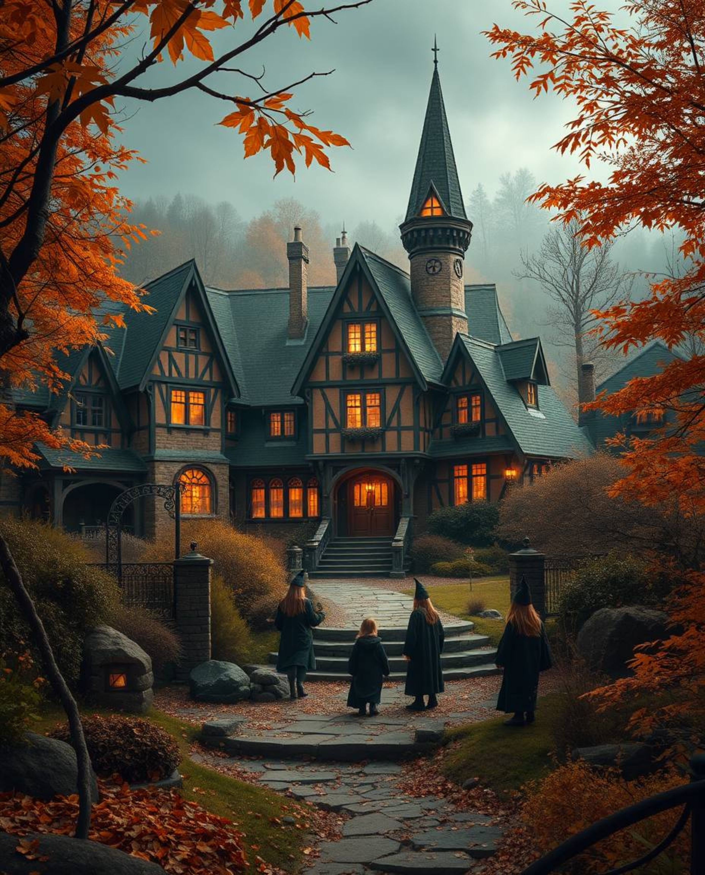 Immerse yourself in a magical school brimming with young wizards, nestled amidst a warm and inviting autumnal landscape. Expe