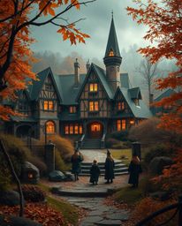 Immerse yourself in a magical school brimming with young wizards, nestled amidst a warm and inviting autumnal landscape. Expe
