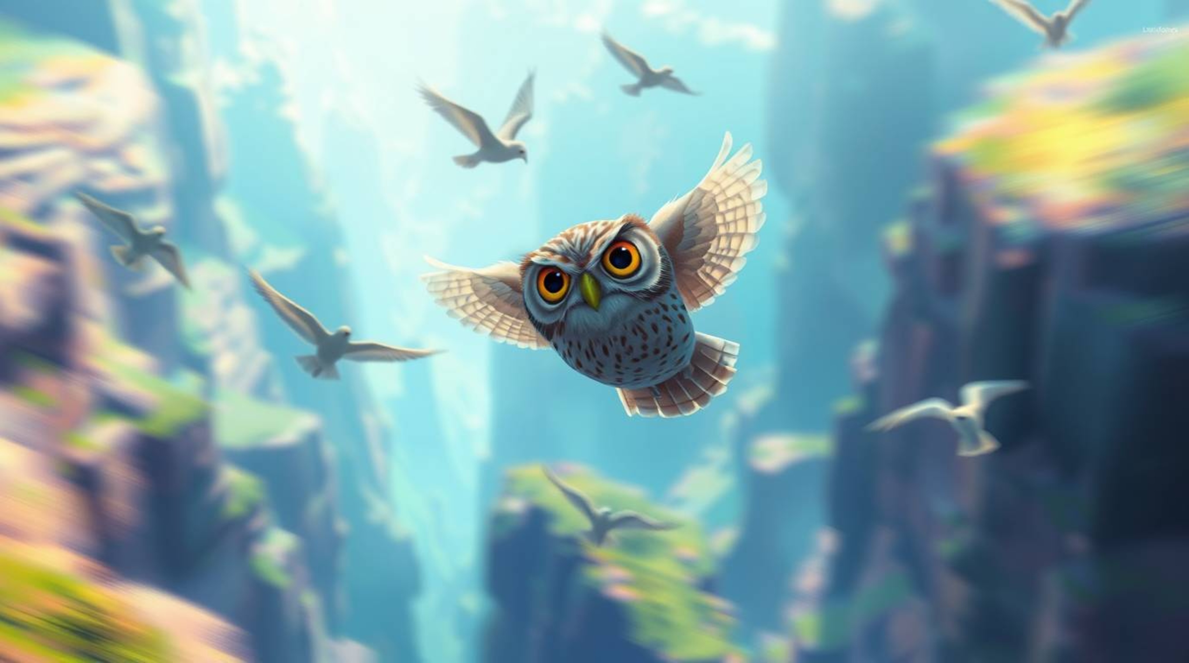 This digital painting in an ethereal style features a blind owl with highly detailed feathers guiding birds in flight through