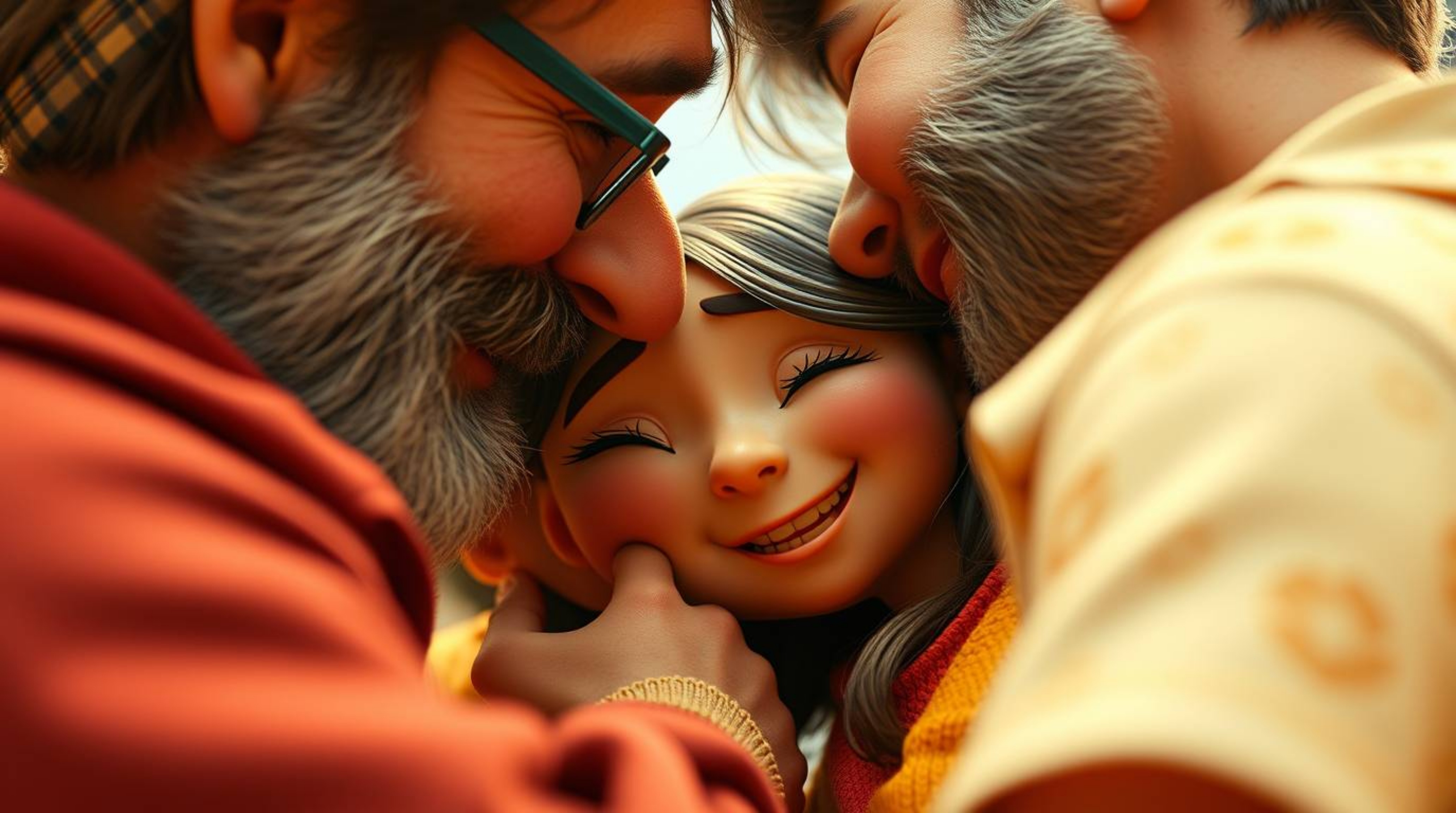 Experience an extreme macro close-up of a heartfelt reunion between family members, brought to life in vibrant Pixar style.  