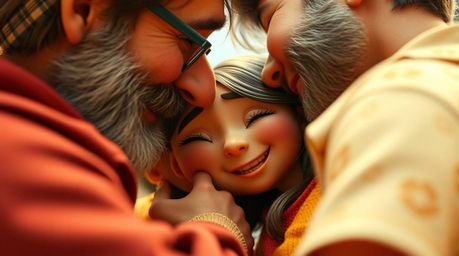 Experience an extreme macro close-up of a heartfelt reunion between family members, brought to life in vibrant Pixar style.  